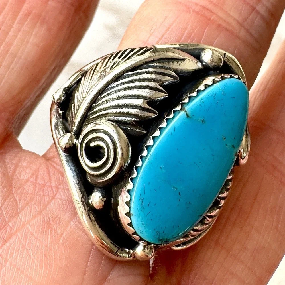 Navajo Turquoise Mens Ring Sz 11 Leaf Feather Signed Morgan Sterling Native Amer
